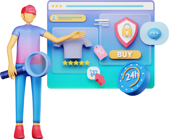3d character searching online shop illustration